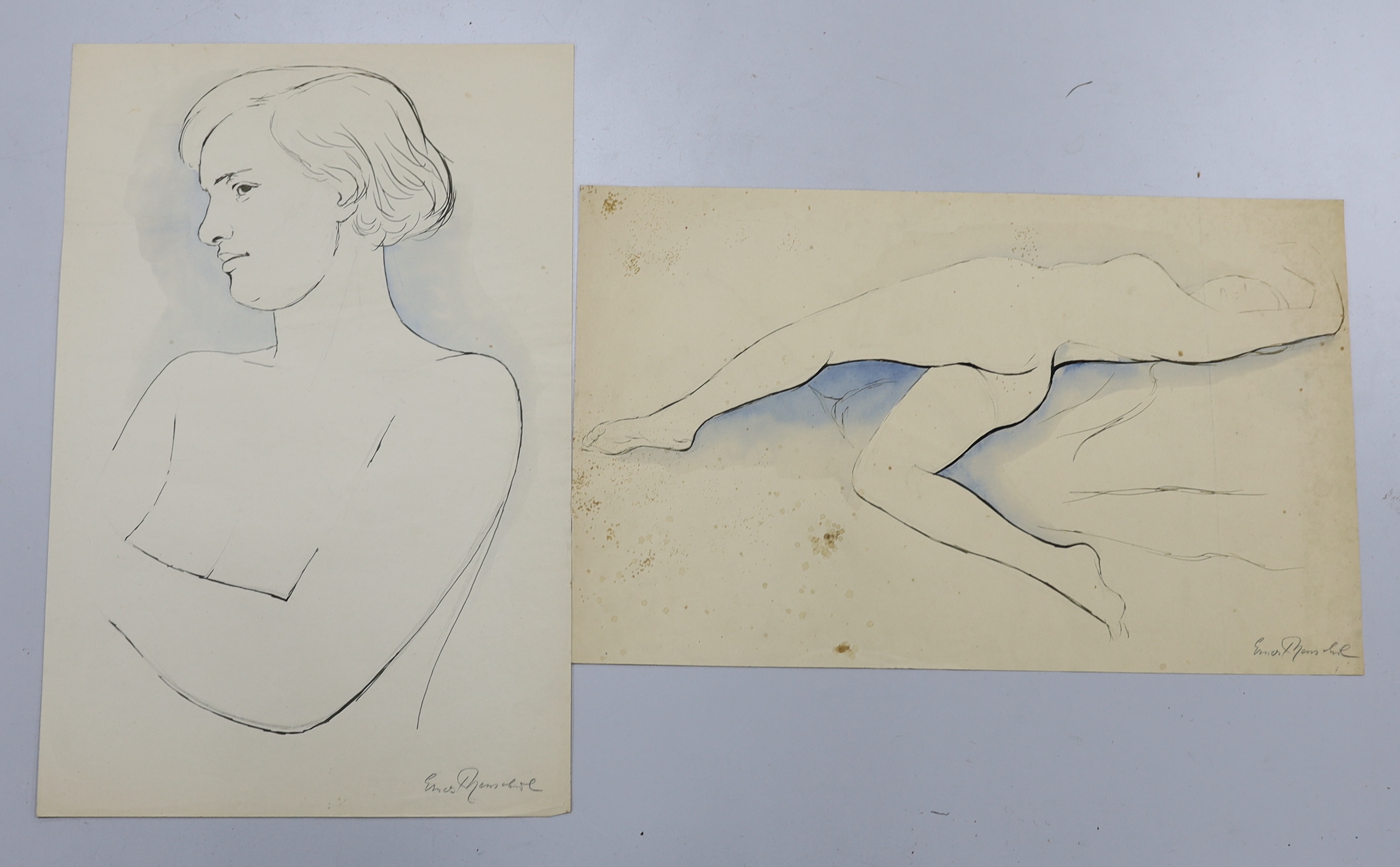 Two mid 20th century ink and washes on paper, figural sketches, nude study and portrait of a lady, each indistinctly signed, unframed, 45 x 29cm